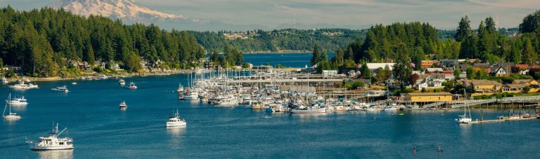 landscape photo of gig harbor on a sunny day with mount rainer in the background