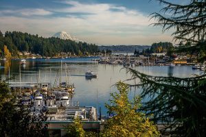 photo of gig harbor looking toward mount rainer on a sunny day